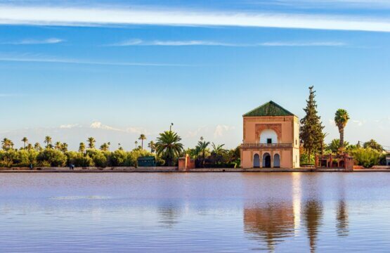 Saadian Pavillon at Menara gardens with Atlas mountains in Marrakech